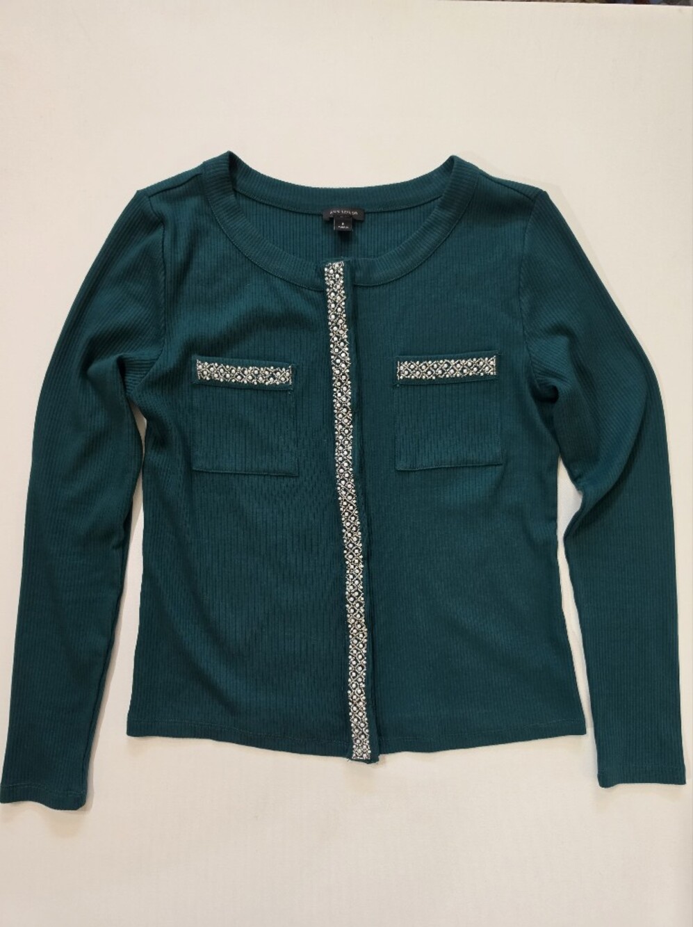 Ann Taylor Ribbed Cardigan Womens Medium Green Pearl Trim Button Down Old Money